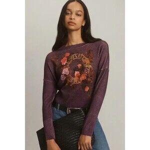 Pilcro Anthropologie Varsity Crew Neck Cashmere Sweater Purple Floral Sz XL EUC!